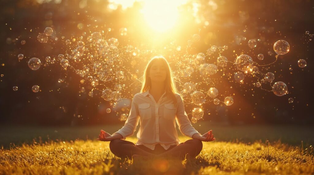 How to Stop Overthinking and Manage Responsibilities Better A Bright Calm Scene Of A Person Meditating Outdoors With Rays Of Light Around Them. Behind Them Broken Chains Of Thought Bubbles Scatter Away Showing Freedom From Overthinking And Stress. 2 1024x573