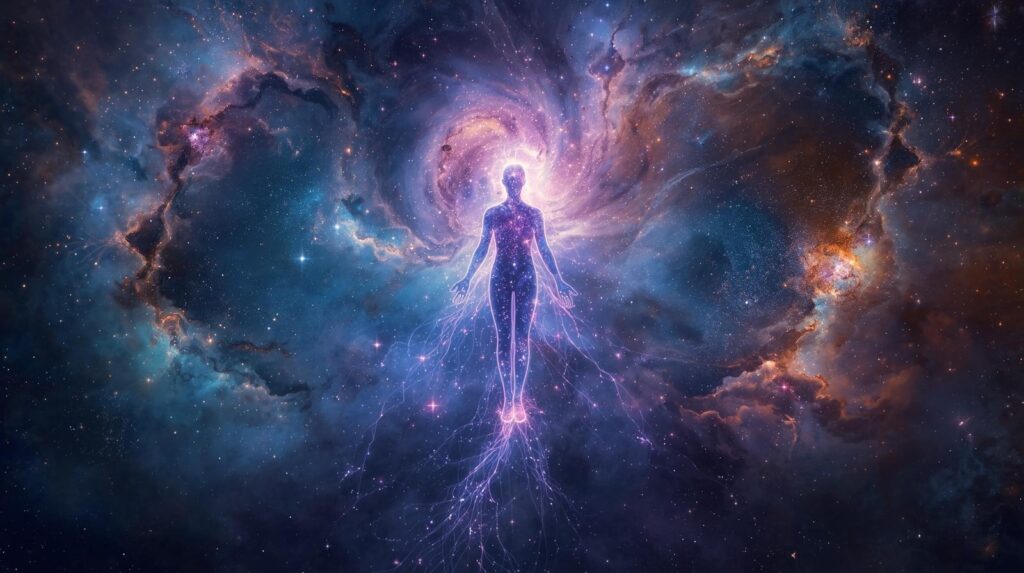 A Cosmic Scene Showing The Universe Stars And Galaxies Blending Into A Human Figure Made Of Light Symbolizing Oneness With Universal Energy Consciousness And Infinite Vibrations. 4 1024x573