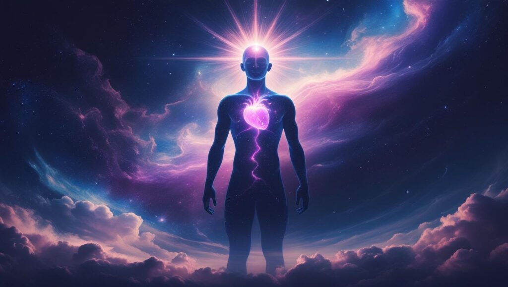 A Glowing Human Silhouette Standing In Cosmic Space With Light Radiating From The Head And Heart Symbolizing Consciousness And Awareness Surreal And Spiritual Art Style 1024x579