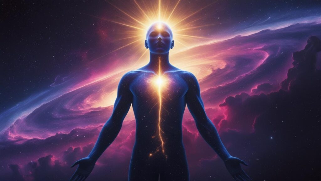 Stages of Human Consciousness: Understanding Awareness and Spiritual Growth A Glowing Human Silhouette Standing In Cosmic Space With Light Radiating From The Head And Heart Symbolizing Consciousness And Awareness Surreal And Spiritual Art Style. 2 1024x579