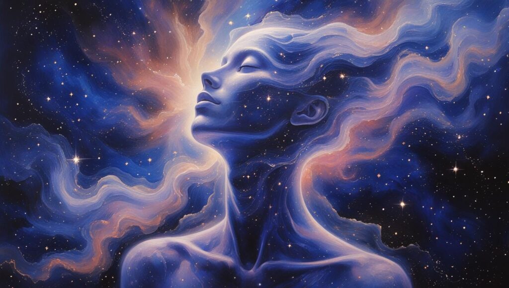 Stages of Human Consciousness: Understanding Awareness and Spiritual Growth A Human Dissolving Into Starlight Merging With The Universe Cosmic Patterns Radiating Outward Highly Spiritual And Ethereal Artwork. 2 1024x579
