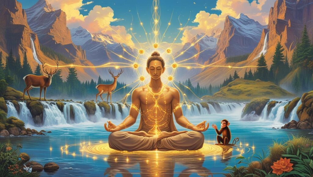 Stages of Human Consciousness: Understanding Awareness and Spiritual Growth A Meditating Figure Surrounded By Nature — Rivers Mountains Animals — All Connected By Threads Of Golden Light Symbolizing Compassion And Unity Mystical Art Style. 1 1024x579