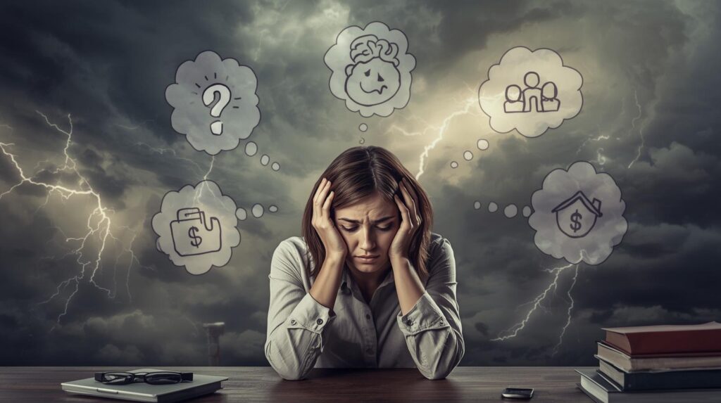 How to Stop Overthinking and Manage Responsibilities Better A Person Sitting At A Desk With Head In Hands Surrounded By Floating Thought Bubbles Filled With Questions Worries And Responsibility Symbols Money Work Family. The Background Is A Cloudy Messy Storm R 3 1024x573