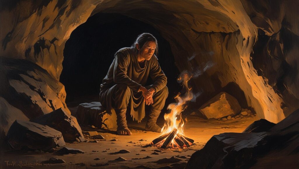Stages of Human Consciousness: Understanding Awareness and Spiritual Growth A Person Sitting In A Dark Cave Holding A Small Fire Looking Cautious And Protective Representing Survival Consciousness Dramatic Lighting Realistic Painting Style. 1 1024x579