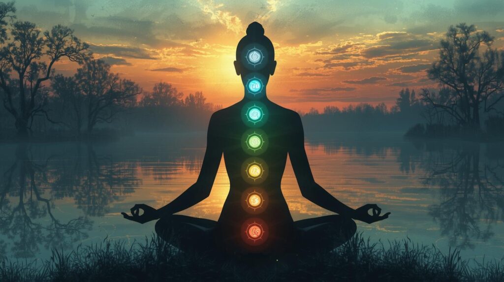 A Serene Human Silhouette With Seven Glowing Chakras Aligned Along The Spine Energy Waves Connecting Mind Body And Soul With A Background Of Nature Elements Sun Water And Trees Symbolizing Balance And H 2 1024x573