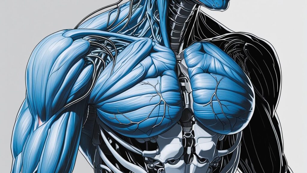 CREATE A HUMAN BODY SPECIALLY MUSCLES WITH NERVEOUS SYSTEM WITH BLUE THEME AND A SHADOW OF ROBOTIC BODY WITH BLACK THEME LIKE HUMAN MUSCLES AND NEVEOUS SYSTEM IS INTEGRATED WITH ROBOTIC BODY 1024x579