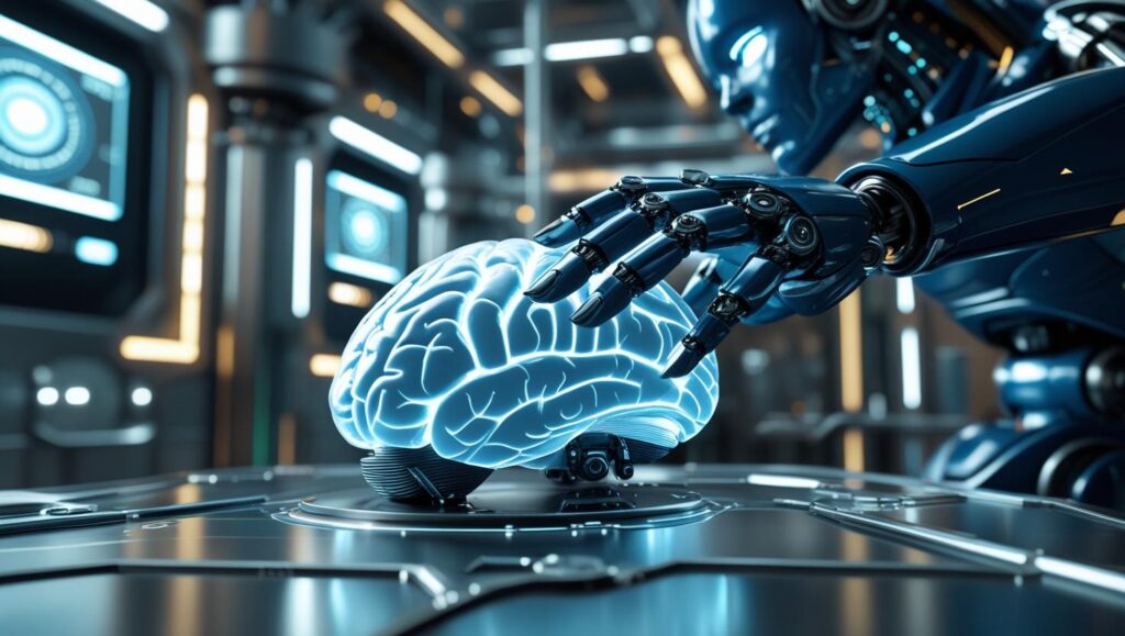 CREATE AN IMAGE OF HITECH ROBOTDARK BLUE COLOUR TOUCHING HUMAN BRAIN BLUE COLOUR WITH A BACKGROUND OF HITECH AI LABORATORY ARTIFICIAL THEME LOOK LIKE AN AI ROTOB IS INTERACTING WITH HUMAN BRAIN FIRST 1 1 1024x579