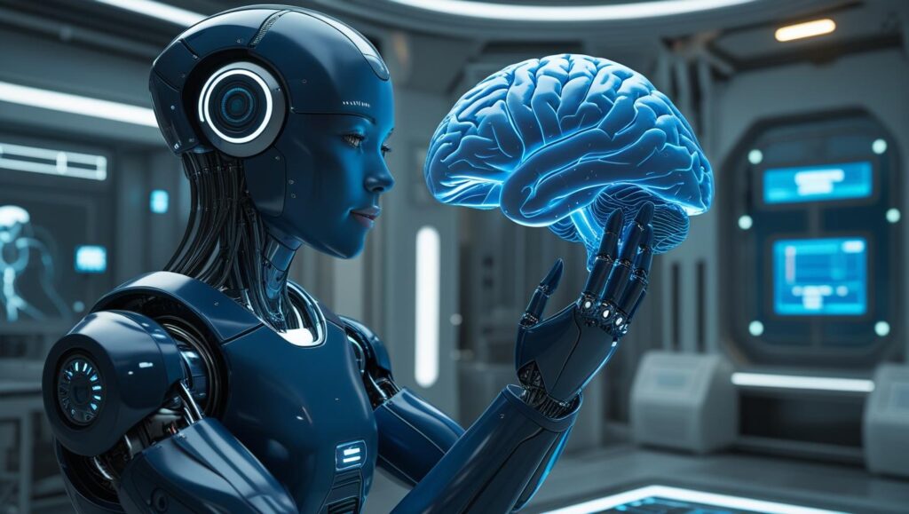 CREATE AN IMAGE OF HITECH ROBOTDARK BLUE COLOUR TOUCHING HUMAN BRAIN BLUE COLOUR WITH A BACKGROUND OF HITECH AI LABORATORY ARTIFICIAL THEME LOOK LIKE AN AI ROTOB IS INTERACTING WITH HUMAN BRAIN FIRST TIME 1024x579