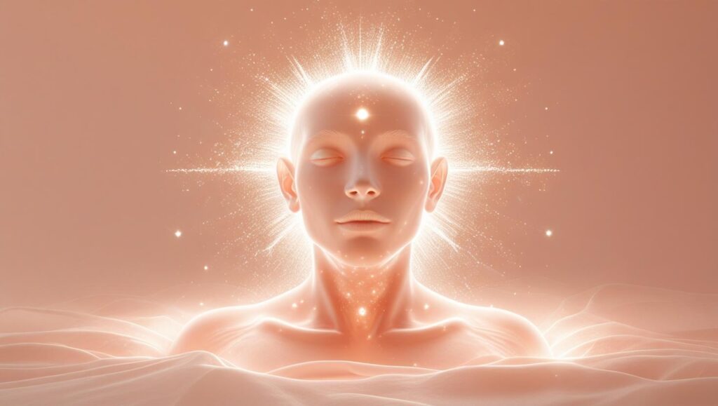 HUMAN SOUL AND CONCIOUSNESS WITH PEACH COLOR THEME WITH AND SPARKED SHADOW OF WHITE AURA 1 1024x579