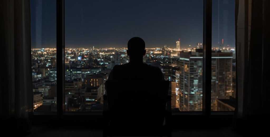 A Man Sitting In A Luxurious Apartment At Night City Lights Glowing Outside Yet He Looks Lost And Empty Inside. Quote Overlay ‘Having Everything Outside Means Little If We Lose Connection Inside. 1 1 1024x521
