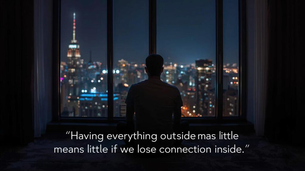 A Man Sitting In A Luxurious Apartment At Night City Lights Glowing Outside Yet He Looks Lost And Empty Inside. Quote Overlay ‘Having Everything Outside Means Little If We Lose Connection Inside. 2 1024x573