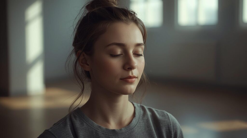 A Person Meditating In A Quiet Room With Soft Natural Light Eyes Closed Calm Expression Symbolizing Inner Peace Mindfulness And Deep Focus 1024x573