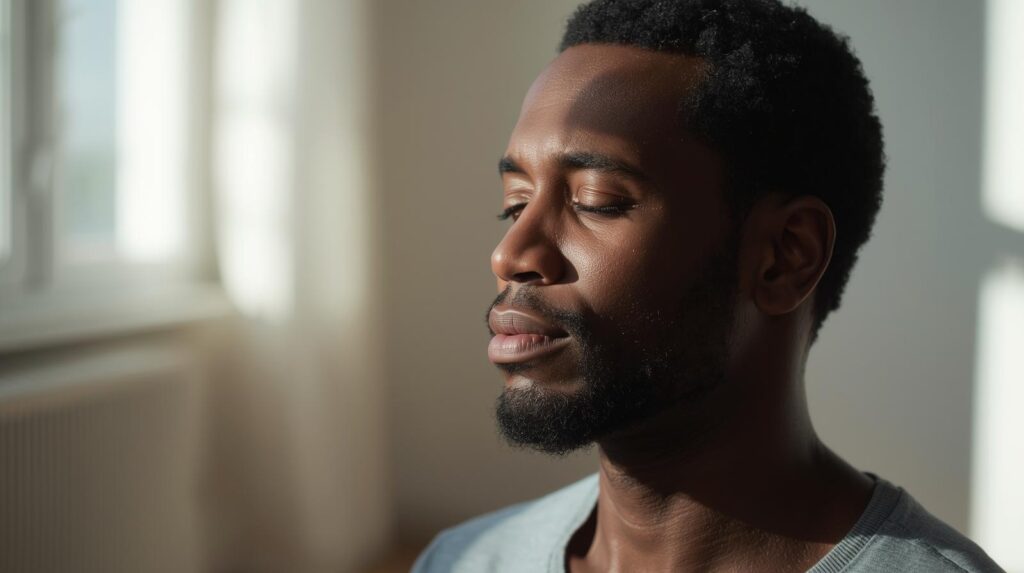 A Person Meditating In A Quiet Room With Soft Natural Light Eyes Closed Calm Expression Symbolizing Inner Peace Mindfulness And Deep Focus. 1 1 1024x573