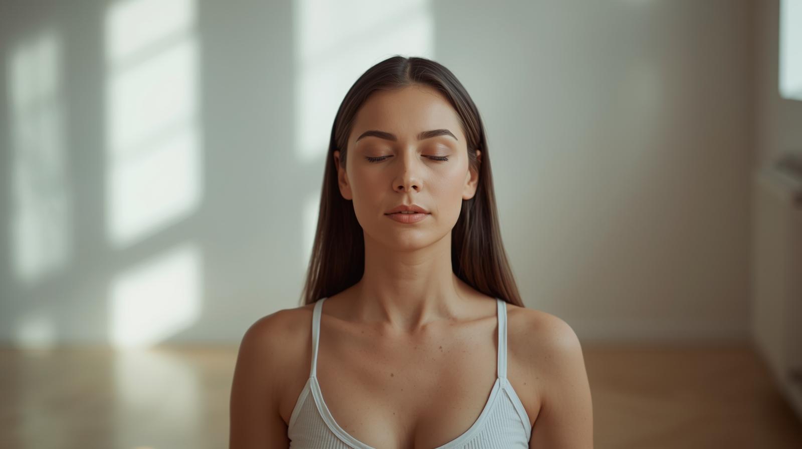 A Person Meditating In A Quiet Room With Soft Natural Light Eyes Closed Calm Expression Symbolizing Inner Peace Mindfulness And Deep Focus. 3