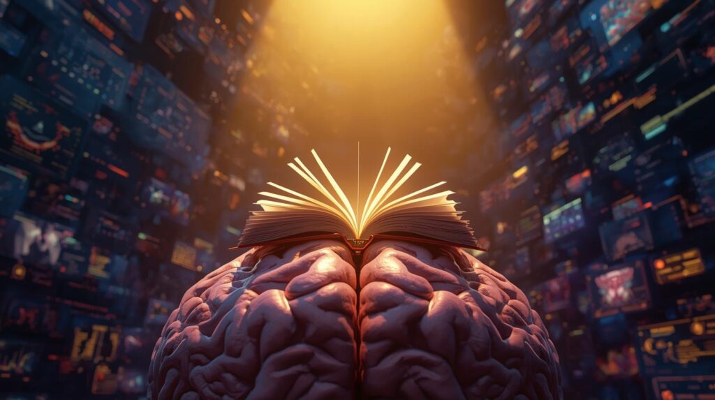 A Surreal Animated Scene Of A Human Brain With A Golden Spotlight Focusing On One Glowing Book While Dozens Of Blurred Out Notifications And Screens Hover In The Shadows. 2 1024x573