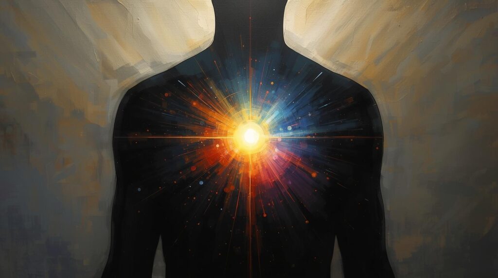 Abstract Art A Glowing Light In The Chest Of A Silhouetted Figure Symbolizing Inner Soul Awakening. 3 1024x573