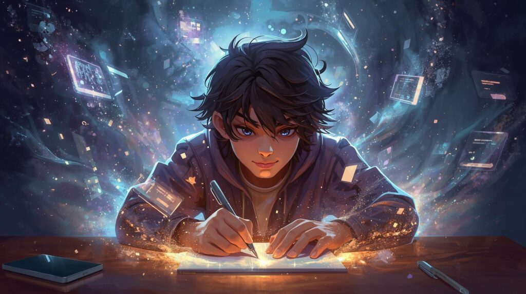 An Animated Character Deeply Absorbed In Writing At A Desk Surrounded By Waves Of Light Or Cosmic Energy While Distractions Like Chat Bubbles And Notifications Dissolve Into Dust Around Them 1 1024x573