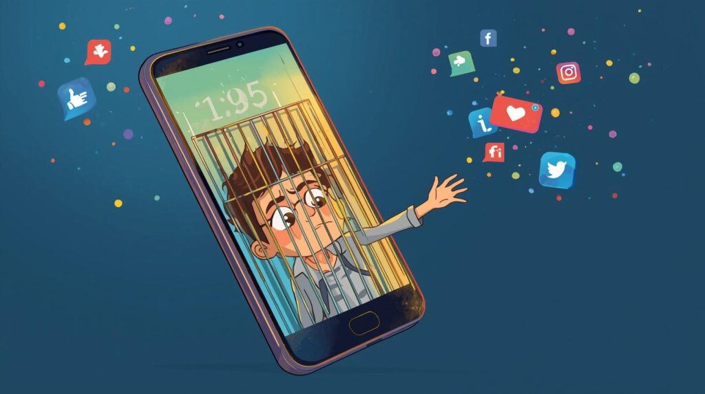 Cartoon Style Artwork Of A Person Trapped Inside A Giant Smartphone Cage With Likes And Notifications Floating Outside While They Reach Out For Real Human Touch. 1 1024x573