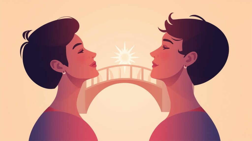 Cartoon Style Drawing Of Two People Putting Down Their Phones And Making Eye Contact With A Glowing Bridge Forming Between Their Hearts Symbolizing Real Connection 1024x573