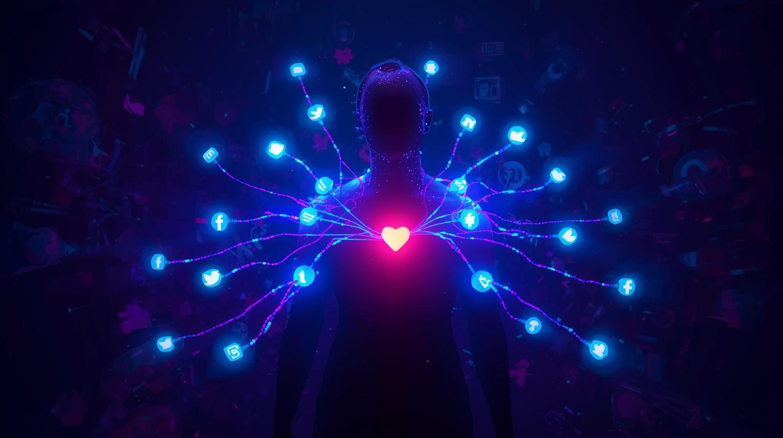 Digital Art Showing A Person With Multiple Glowing Social Media Cords Connected To Them But Their Heart Glowing Dimly Symbolizing Emotional Isolation. 1