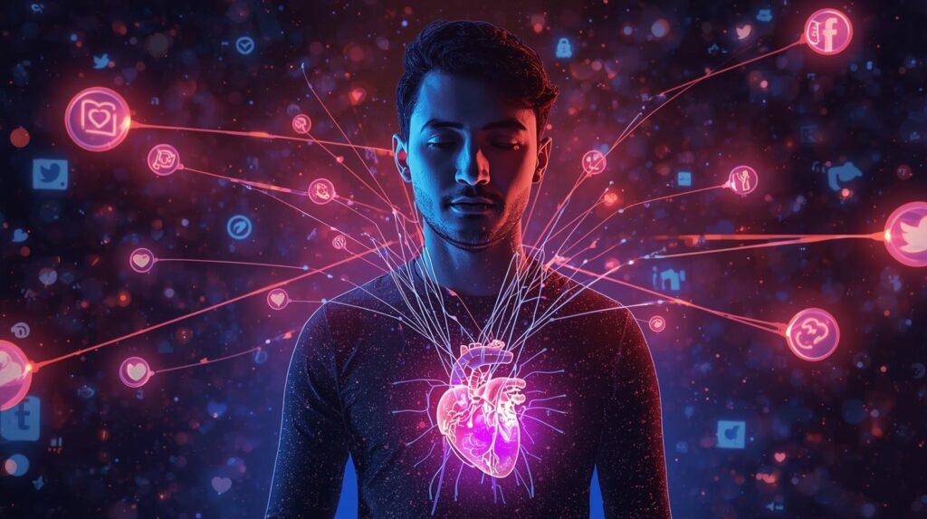 Digital Art Showing A Person With Multiple Glowing Social Media Cords Connected To Them But Their Heart Glowing Dimly Symbolizing Emotional Isolation. 2 1024x573