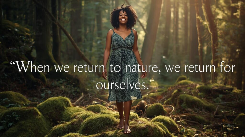 Nature Inspired Image A Person Walking Barefoot In A Forest Finally Smiling Peacefully. Quote Overlay ‘When We Return To Nature We Return To Ourselves 1 1024x573