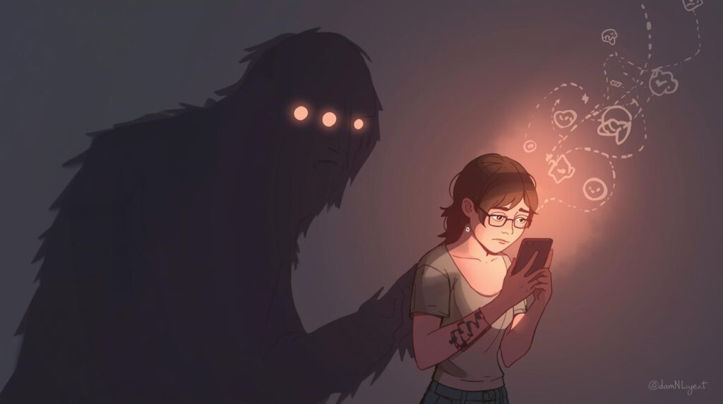 Good Life, Great Love — Still Fear of Death: The Human Paradox Animated Concept Of A Shadowy Loneliness Monster Following A Person Who Is Scrolling On Social Media While Mindfulness Light Pushes It Back. 1 1024x573